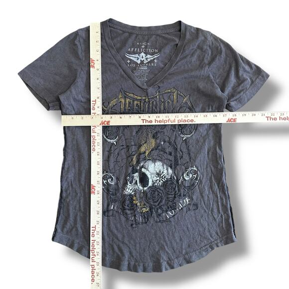 Affliction Y2K Grunge Skull Short Sleeve Shirt Womens Size L Brown Gray - Picture 3 of 5